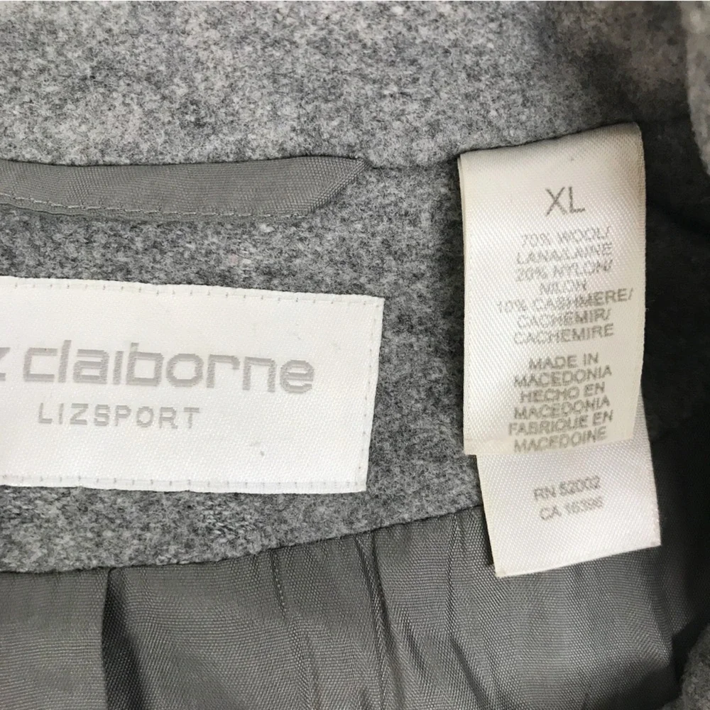 LIZ CLAIBORNE Gray Wool Cashmere Peacoat Jacket Size XL Double Breasted‎ Winter